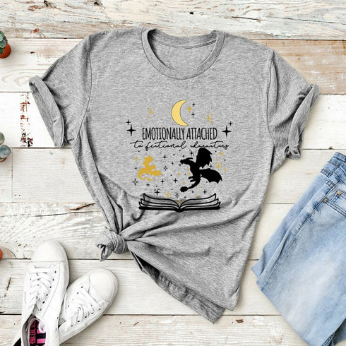 Emotionally Attached To Fictional Characters T Shirt Unisex Graphic Tee for Book Lovers Short Sleeve Casual Top